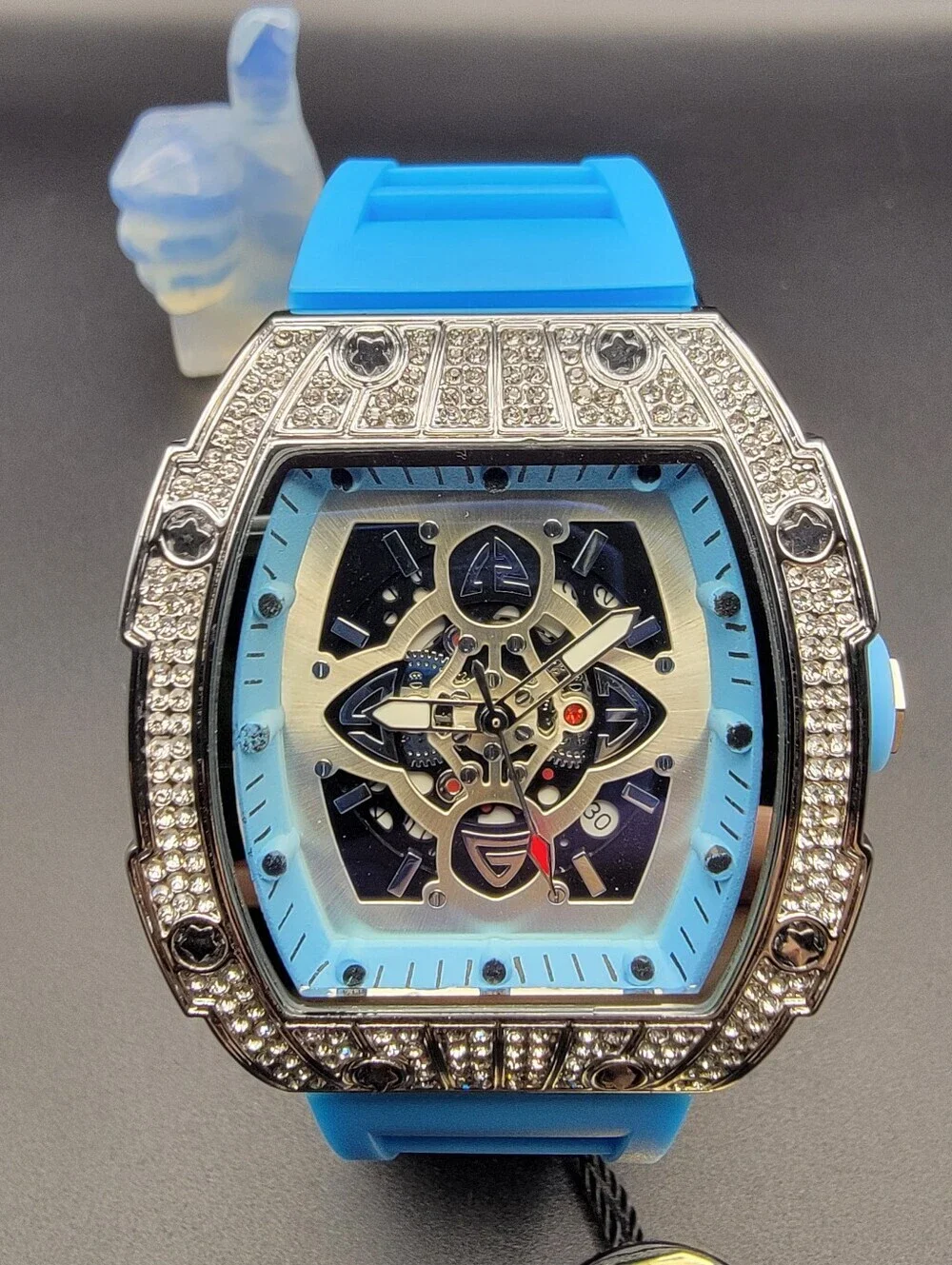 NWT Mens AJ Brand Blue Skeleton Diamond Style 41.5mm Watch Silicone Band w/Date